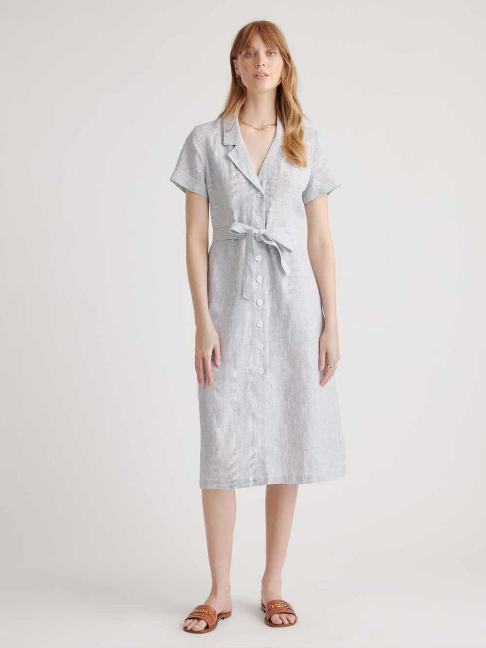 Quince 100% Linen Button Front Midi Shirt Dress Blue Stripe Sz L Coastal Beach